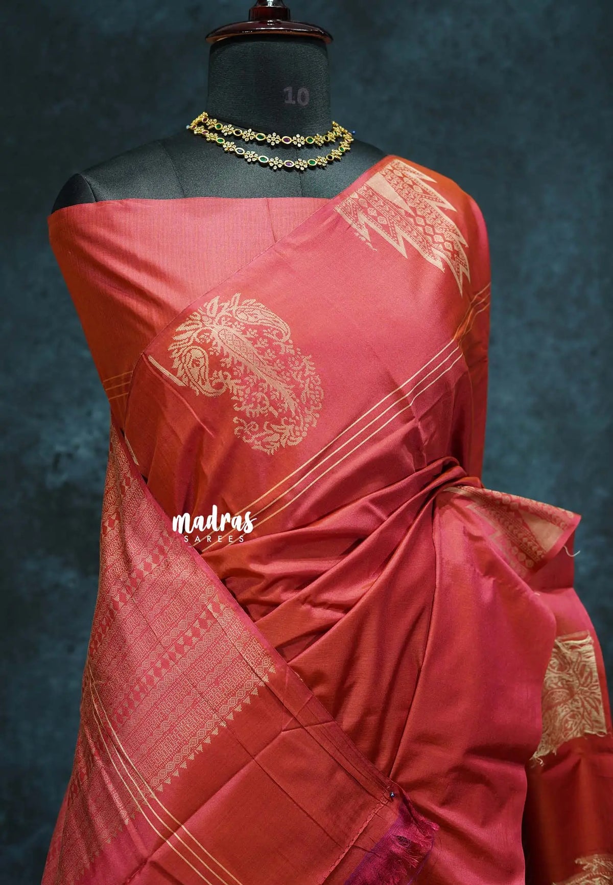 Dualshade coral red - Ahimsa - 100 count Pure mercerized silk cotton border with temple and mango border
