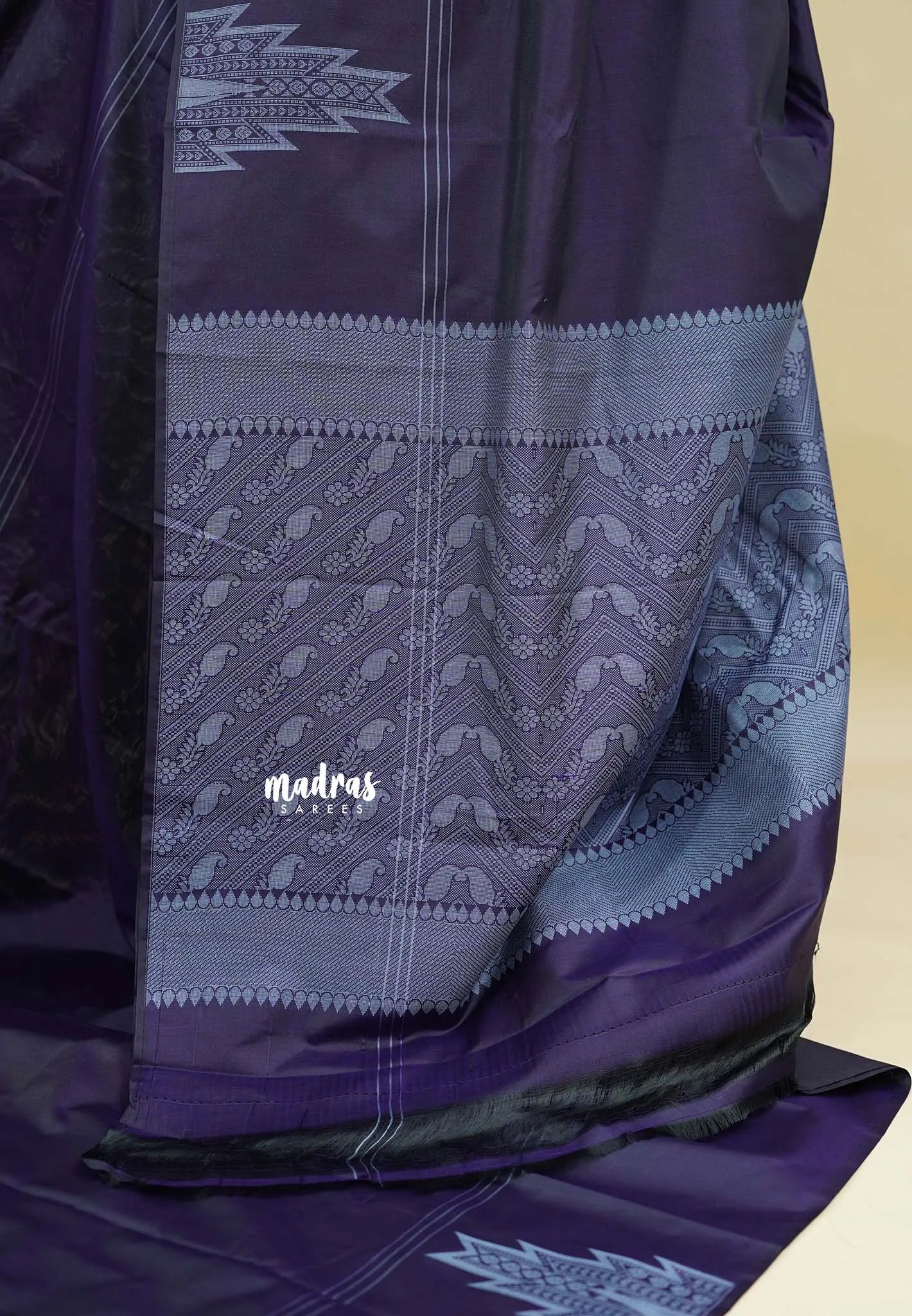 Navy Blue - Ahimsa - 100 count Pure mercerized silk cotton with temple and mango border