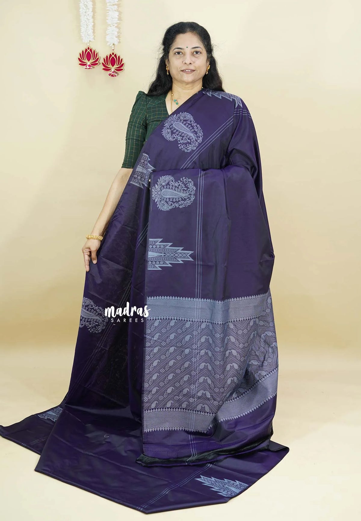 Navy Blue - Ahimsa - 100 count Pure mercerized silk cotton with temple and mango border