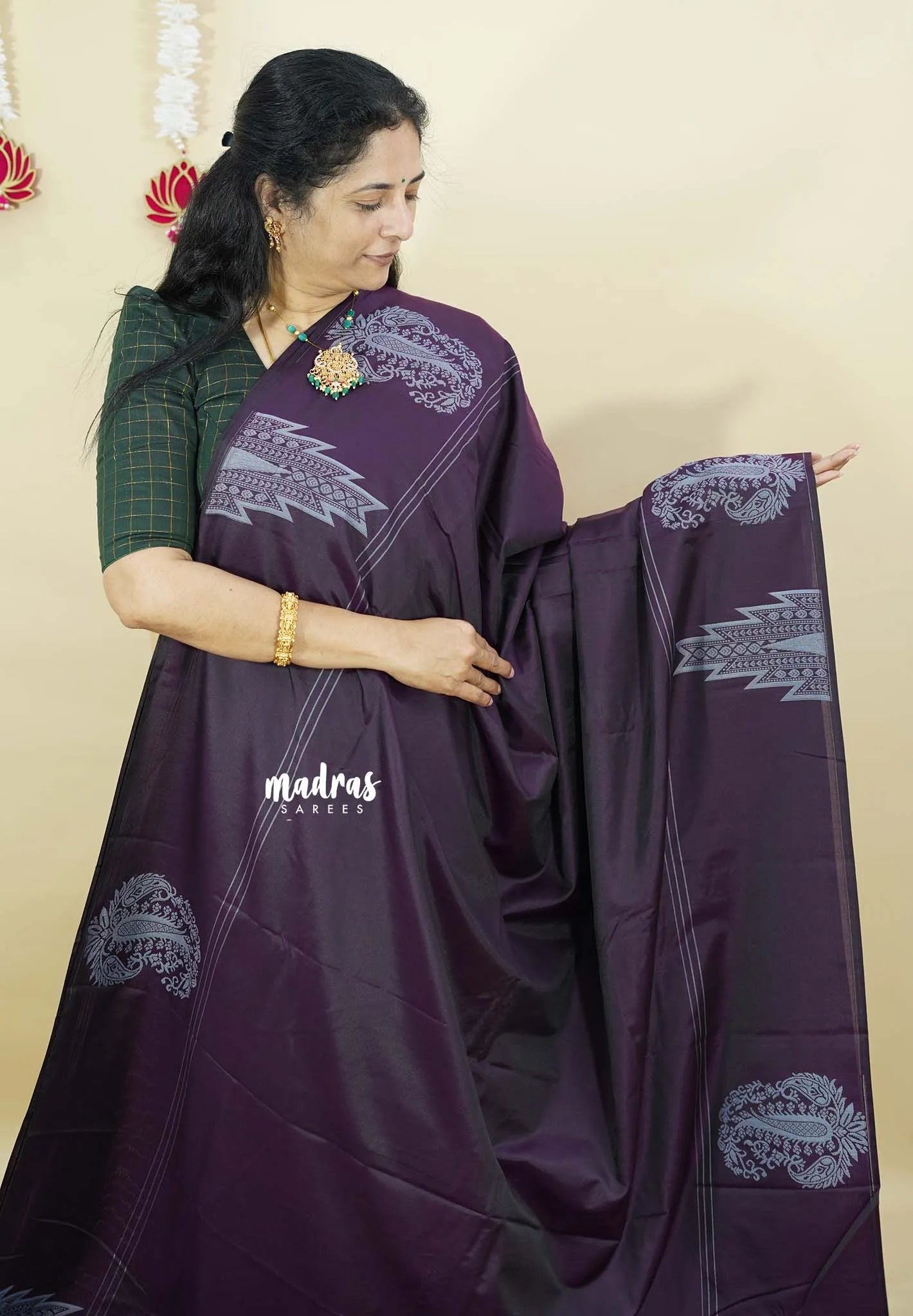 Jamun Purple  - Ahimsa - 100 count Pure mercerized silk cotton border with temple and mango border