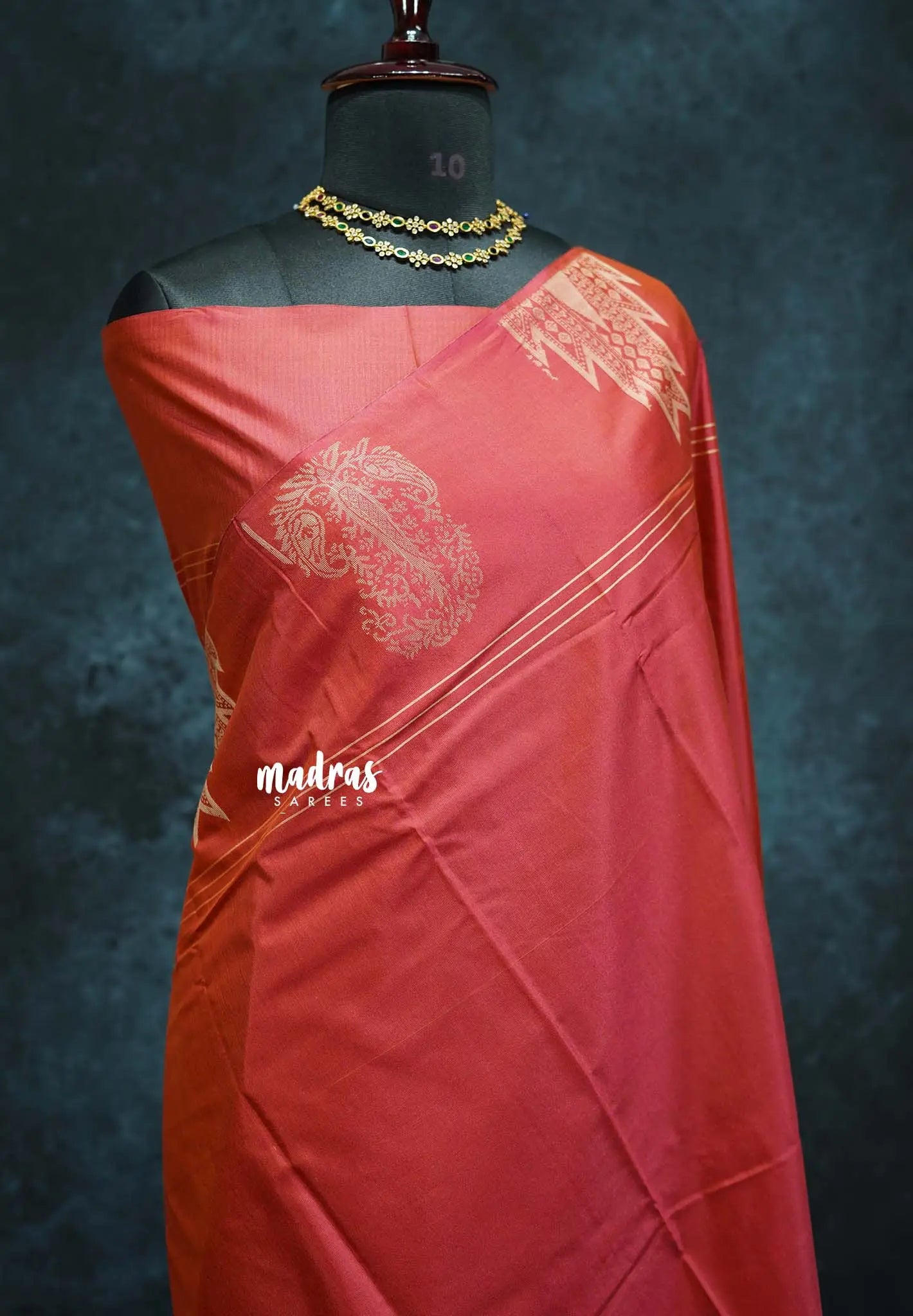 Dualshade coral red - Ahimsa - 100 count Pure mercerized silk cotton border with temple and mango border