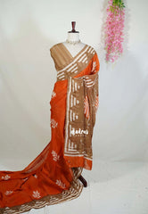 Sunset Orange - Ahimsa Silk with Bagru Handblock Saree | Best for Regular Wear | Casual Wear