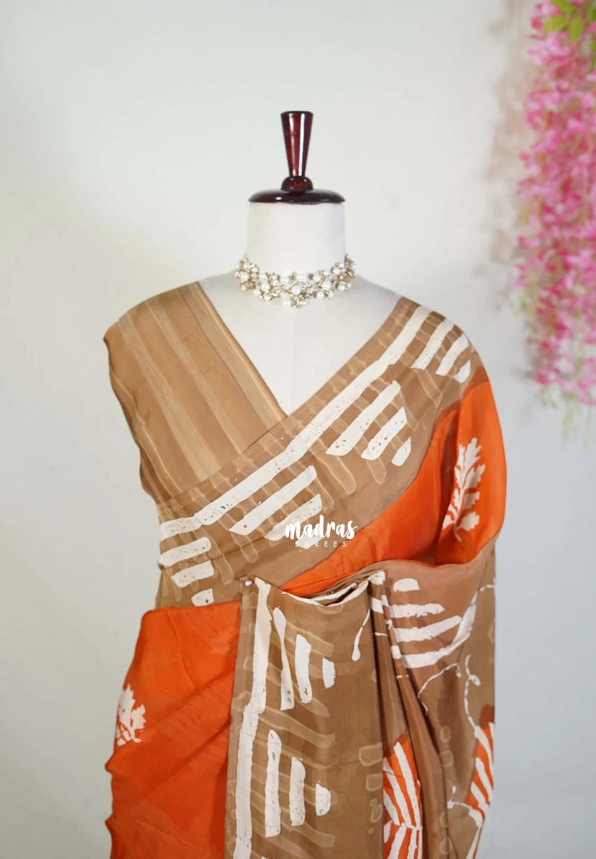Sunset Orange - Ahimsa Silk with Bagru Handblock Saree | Best for Regular Wear | Casual Wear