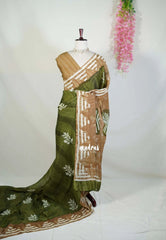 Olive Green - Ahimsa Silk with Bagru Handblock Saree | Best for Regular Wear | Casual Wear