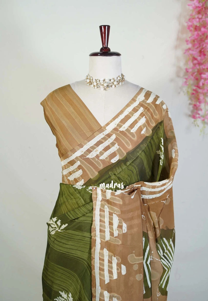 Olive Green - Ahimsa Silk with Bagru Handblock Saree | Best for Regular Wear | Casual Wear