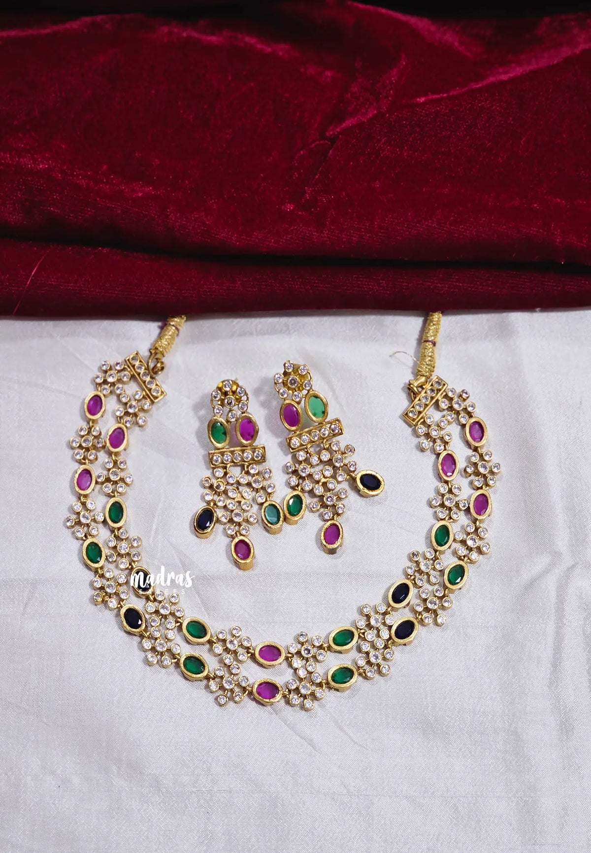 Aimpon Floral Two-Layered AD Stone Necklace with Matching Earrings