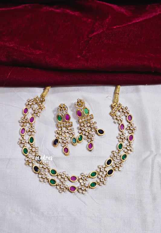 Aimpon Floral Two-Layered AD Stone Necklace with Matching Earrings