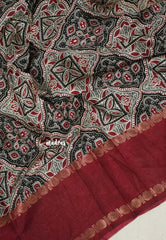 Multicolor with Maroon - Premium Ajrakh Modal Style Printed Silk with Rettapet Rudraksham Border - Best for Small Funtions