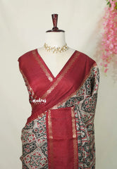 Multicolor with Maroon - Premium Ajrakh Modal Style Printed Silk with Rettapet Rudraksham Border - Best for Small Funtions