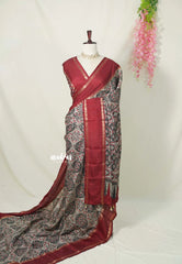 Multicolor with Maroon - Premium Ajrakh Modal Style Printed Silk with Rettapet Rudraksham Border - Best for Small Funtions
