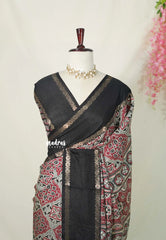 (PRE-BOOKING) Multicolor with Black - Premium Ajrakh Modal Style Printed Silk with Rettapet Rudraksham Border - Best for Small Funtions