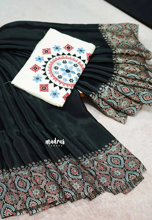 Black - Ajrakh semi Modal silk with mirror work blouse combo