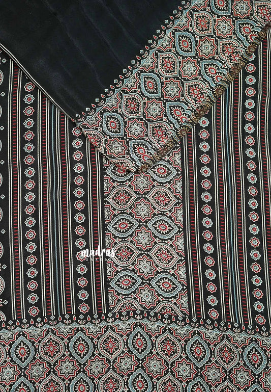 Black - Ajrakh semi Modal silk with mirror work blouse combo