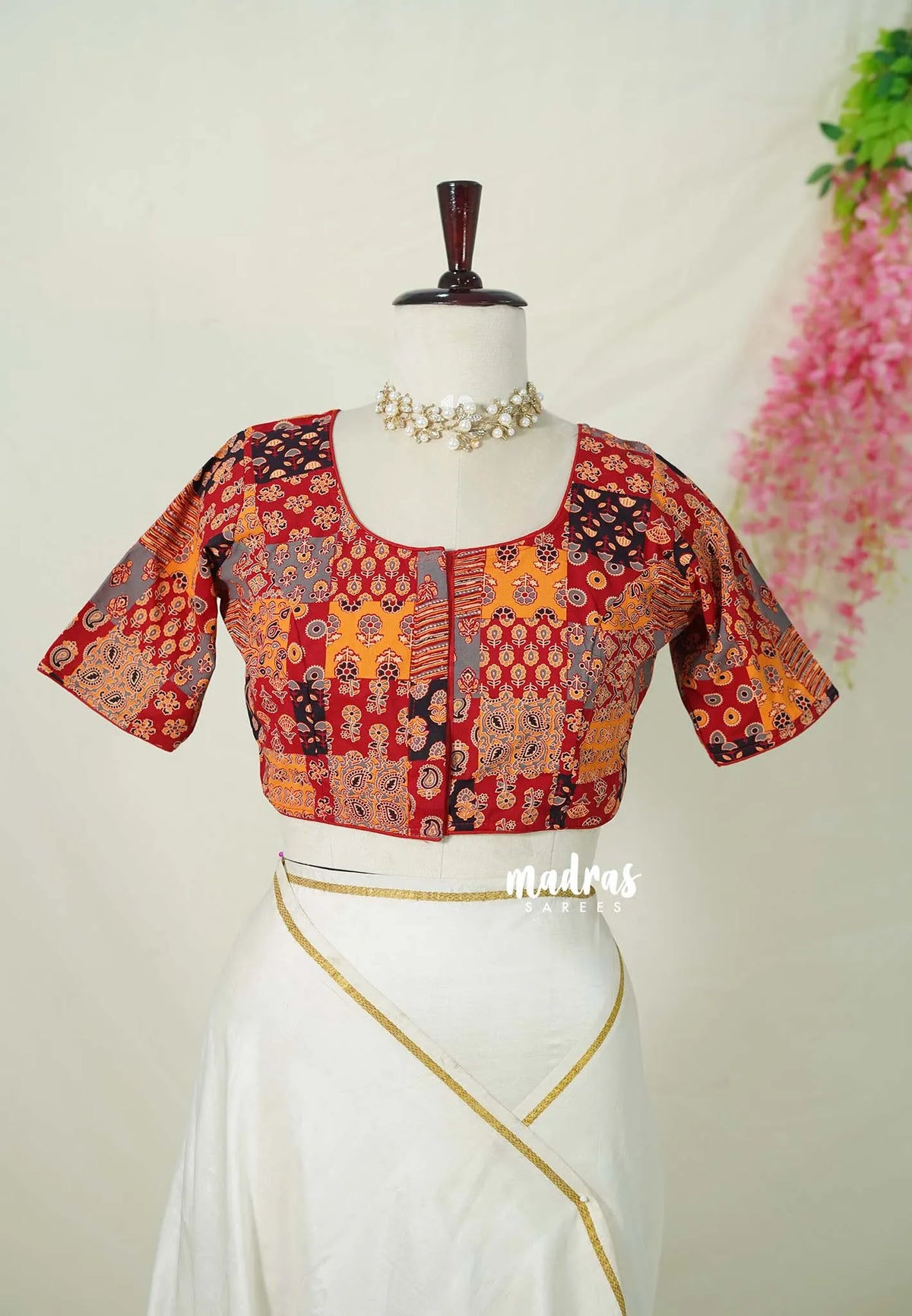 Bright Red - Aazhi - Pure cotton Ajrakh Readymade Patchwork printed Blouse Blouse with High Neck | summer friendly | suitable for cotton | Mul cotton sarees