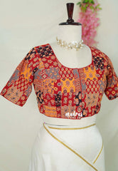Bright Red - Aazhi - Pure cotton Ajrakh Readymade Patchwork printed Blouse Blouse with High Neck | summer friendly | suitable for cotton | Mul cotton sarees