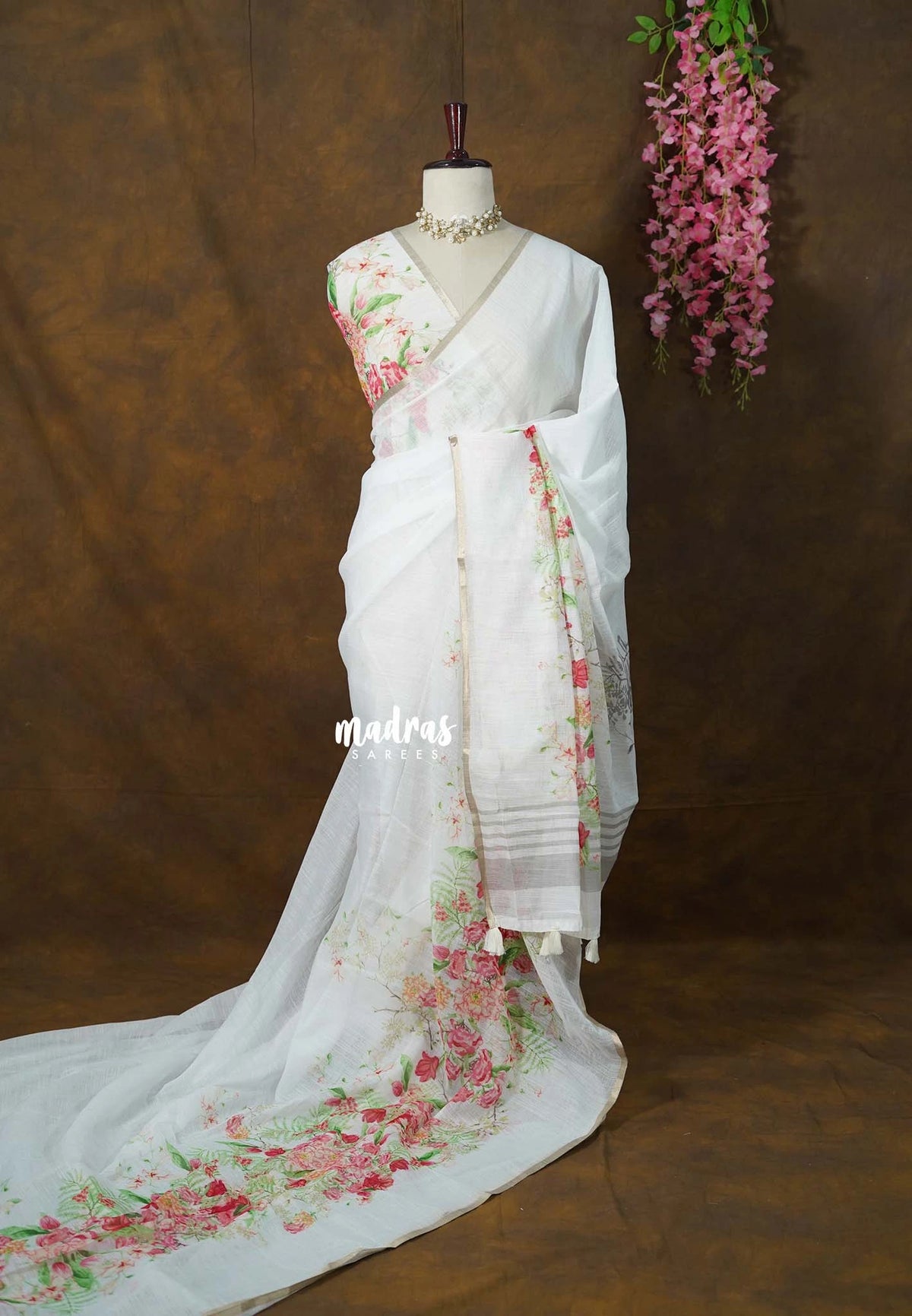 Snow White Soft Alia Linen Cotton Saree with Floral Prints for Teachers, 7 Narrow Pleats Drape, Under ₹1000