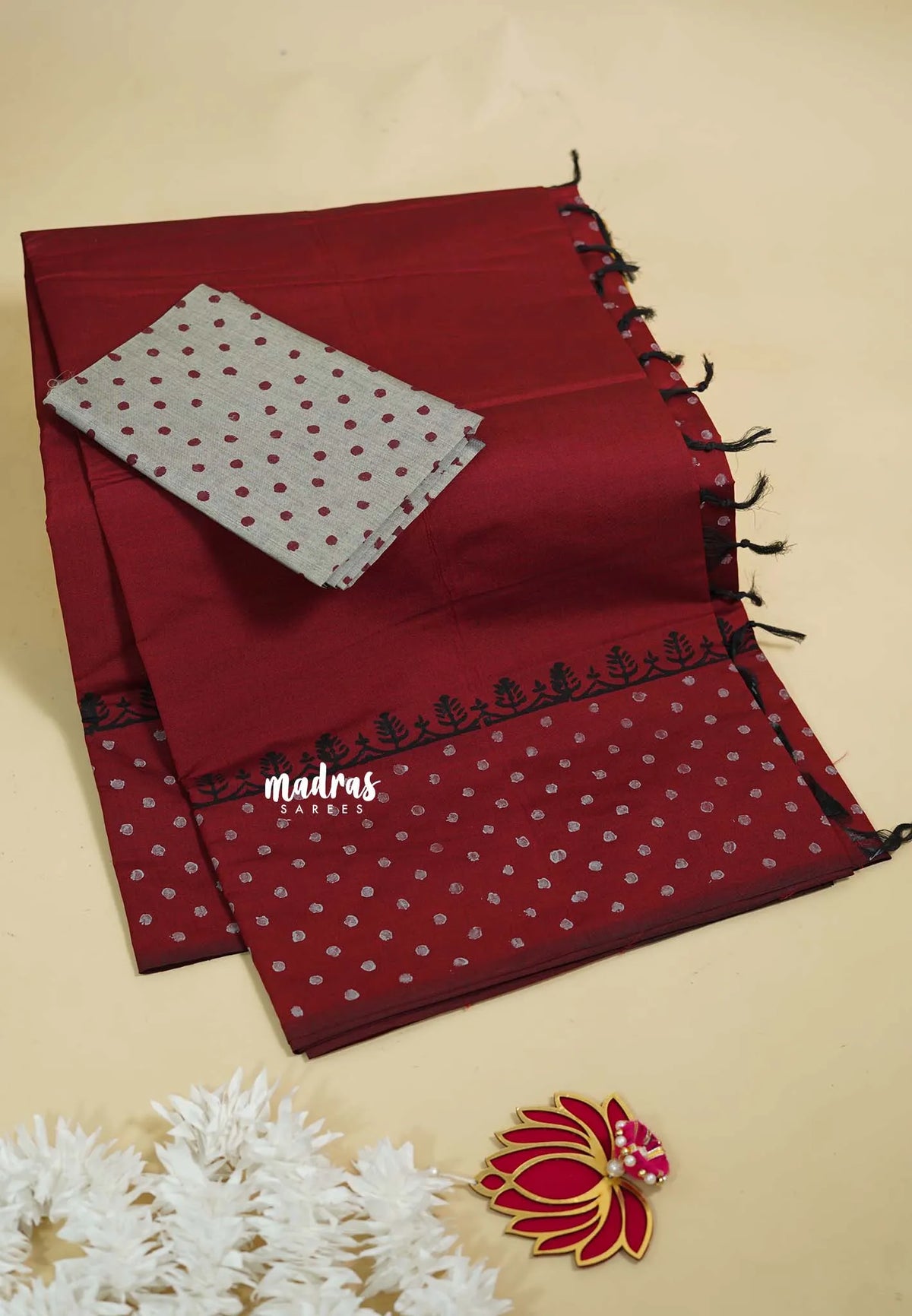 Majestic Maroon - Ambigai polycotton with contrast blouse combo