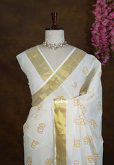 Classic Ivory White - Ambigai -  South Cotton Saree with Malayalam Letters Prints and Golden Border - Best for Festive Wear
