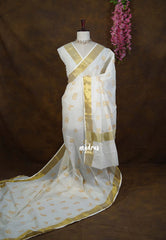 Classic Ivory White - Ambigai -  South Cotton Saree with Malayalam Letters Prints and Golden Border - Best for Festive Wear