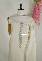 Amitha – Ivory Beige - Premium Chanderi Silk with Hand Stitched Embroidery Un Stitched Salwar Suit 3 Piece Set