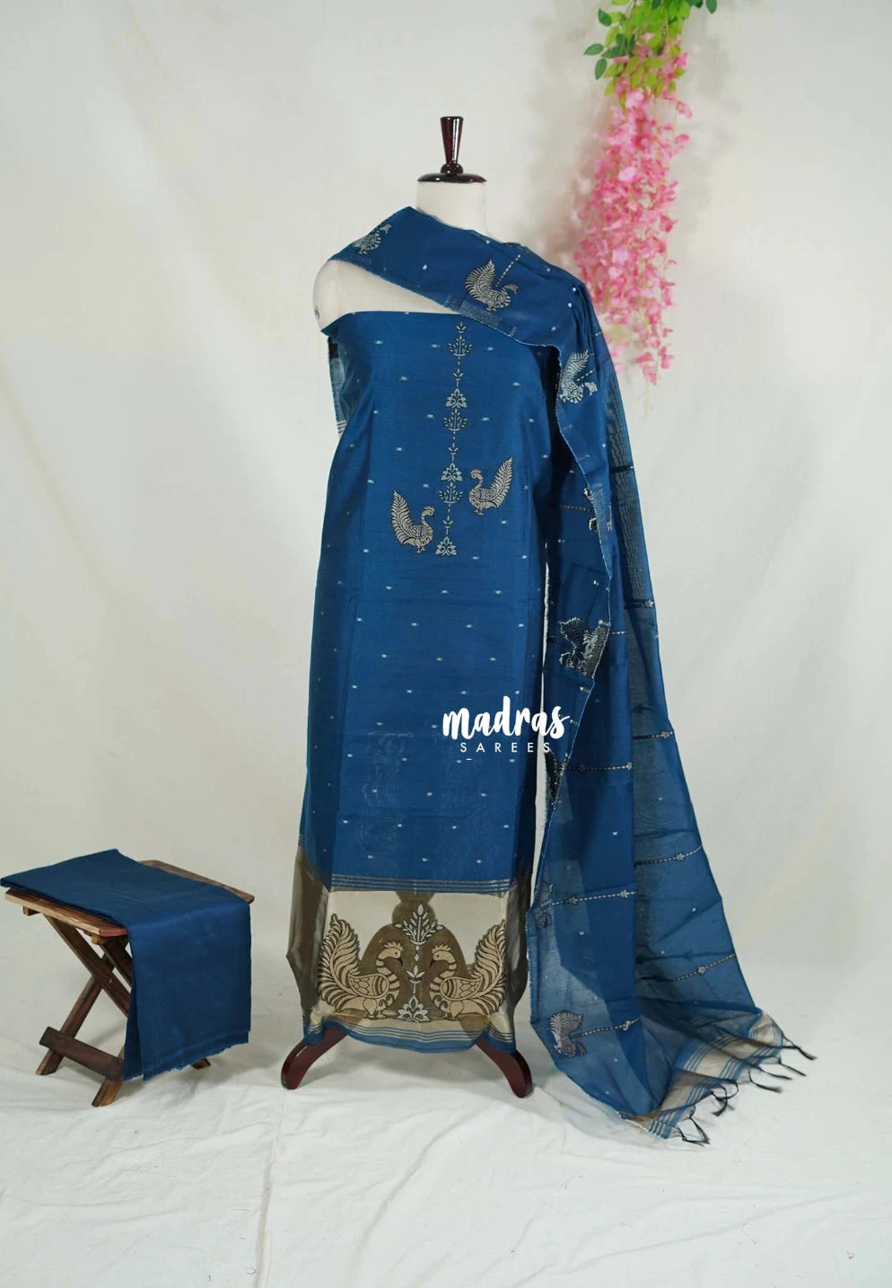 Amitha – Peacock Blue - Premium Cotton Silk Salwar Suit with Big Embroidery Peacock Motif and Weaving Buttas  3 piece set