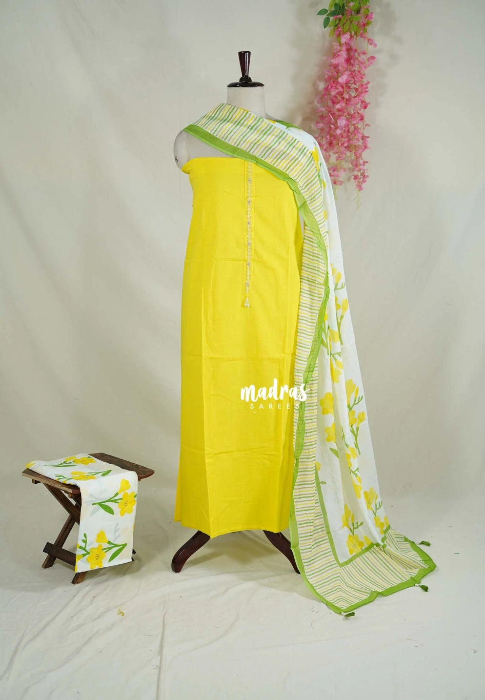 Amitha - Bright Greenish Yellow - Handspun Pure Cotton with Thread Sequins and zarodzi on yoke Salwar Material - Best for Office Wear