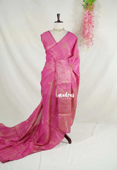 Rose Pink with Lace - ANJALI - Soft Tissue linen Saree with Kolam Prints with Lace Work - Perfect for Festive Wear