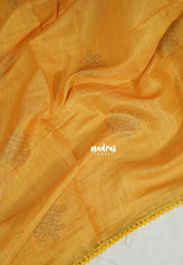 Mustard Yellow with Lace - ANJALI - Soft Tissue linen Saree with Kolam Prints with Lace Work - Perfect for Festive Wear
