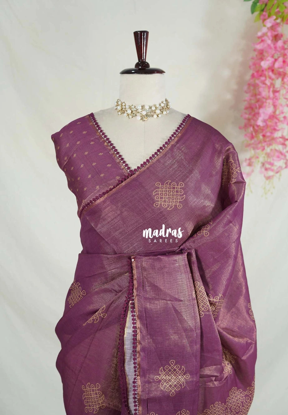 Wine Purple with Lace - ANJALI - Soft Tissue linen Saree with Kolam Prints with Lace Work - Perfect for Festive Wear