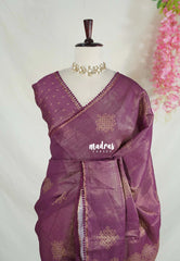 Wine Purple with Lace - ANJALI - Soft Tissue linen Saree with Kolam Prints with Lace Work - Perfect for Festive Wear