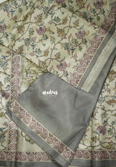 Muted Beige with Grey - Ananya - Soft Mangalore Silk Saree with Garden Prints - Best for Office Wear