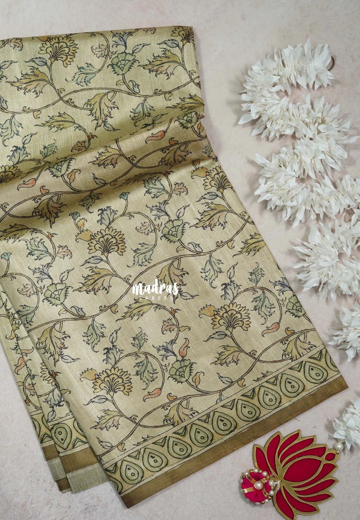 Muted Beige with Mustard Brown - Ananya - Soft Mangalore Silk Saree with Garden Prints - Best for Office Wear