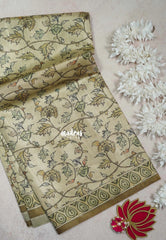 Muted Beige with Mustard Brown - Ananya - Soft Mangalore Silk Saree with Garden Prints - Best for Office Wear