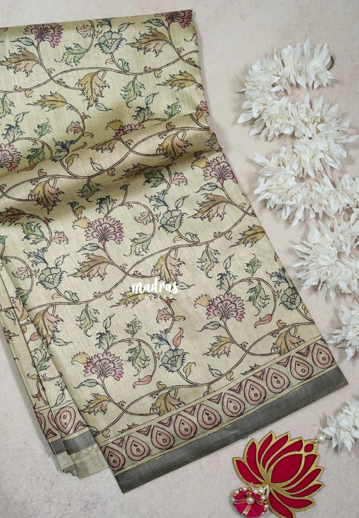 Muted Beige with Grey - Ananya - Soft Mangalore Silk Saree with Garden Prints - Best for Office Wear
