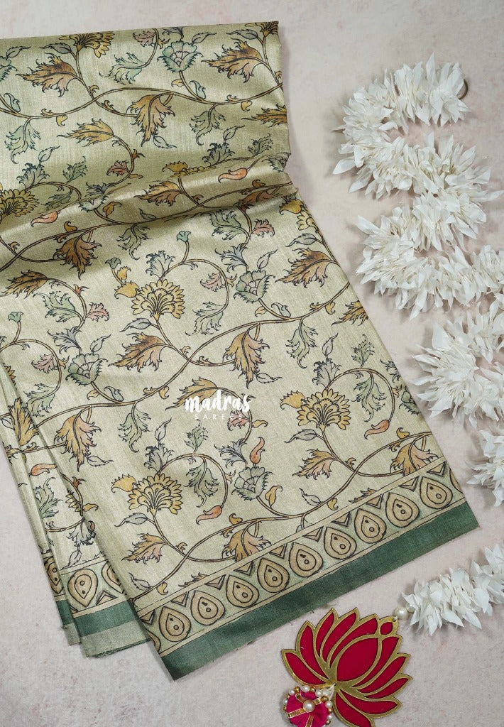 Muted Beige with Seafoam Green - Ananya - Soft Mangalore Silk Saree with Garden Prints - Best for Office Wear