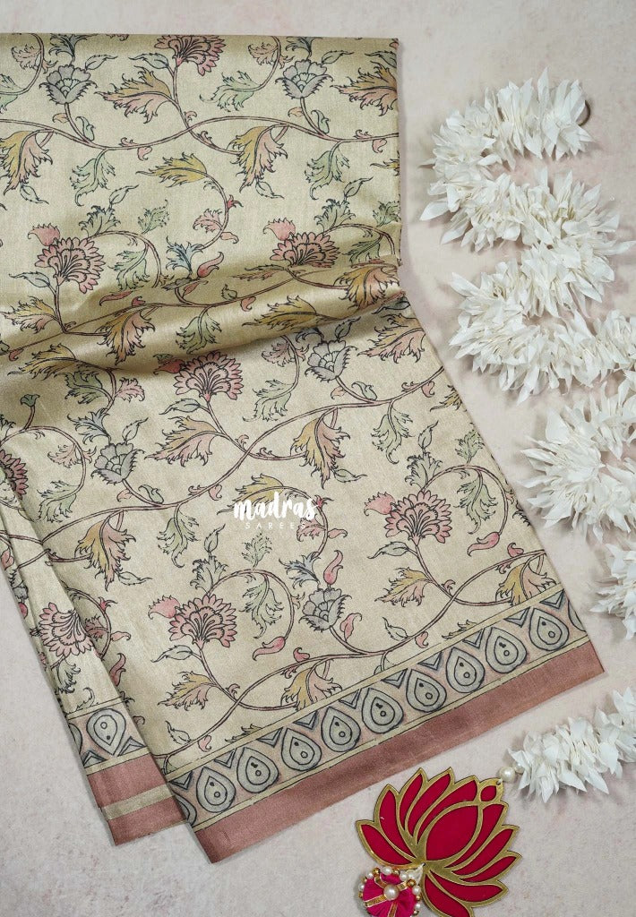 Muted Beige with Blush Peach - Ananya - Soft Mangalore Silk Saree with Garden Prints - Best for Office Wear