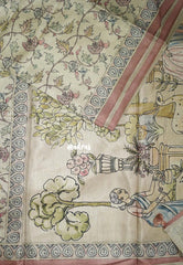 Muted Beige with Blush Peach - Ananya - Soft Mangalore Silk Saree with Garden Prints - Best for Office Wear