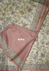 Muted Beige with Blush Peach - Ananya - Soft Mangalore Silk Saree with Garden Prints - Best for Office Wear
