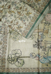 Muted Beige with Seafoam Green - Ananya - Soft Mangalore Silk Saree with Garden Prints - Best for Office Wear