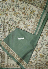 Muted Beige with Seafoam Green - Ananya - Soft Mangalore Silk Saree with Garden Prints - Best for Office Wear