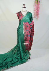 Classic Green - Ananya - Soft Mangalore Silk Plain Saree with Kalamkari Pallu and Blouse - Best for Casual Gatherings