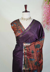 Jamun Purple - Ananya - Soft Mangalore Silk Plain Saree with Kalamkari Pallu and Blouse - Best for Casual Gatherings