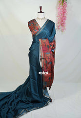 Dark Teal Blue - Ananya - Soft Mangalore Silk Plain Saree with Kalamkari Pallu and Blouse - Best for Casual Gatherings