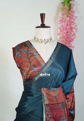 Dark Teal Blue - Ananya - Soft Mangalore Silk Plain Saree with Kalamkari Pallu and Blouse - Best for Casual Gatherings