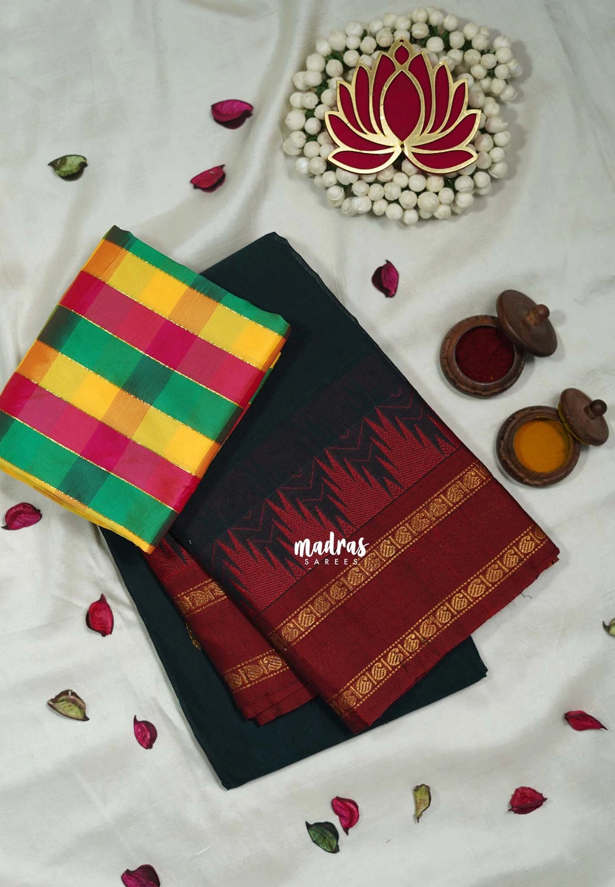 Midnight Dark Green - Andal - Mercerised Cotton with Silk Finish Kanchi Border and Buttas with Madras Kattam Silk Blouse - Perfect for Regular Wear | Casual Wear