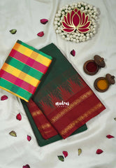 Dark Green - Andal - Mercerised Cotton with Silk Finish Kanchi Border and Buttas with Madras Kattam Silk Blouse - Perfect for Regular Wear | Casual Wear
