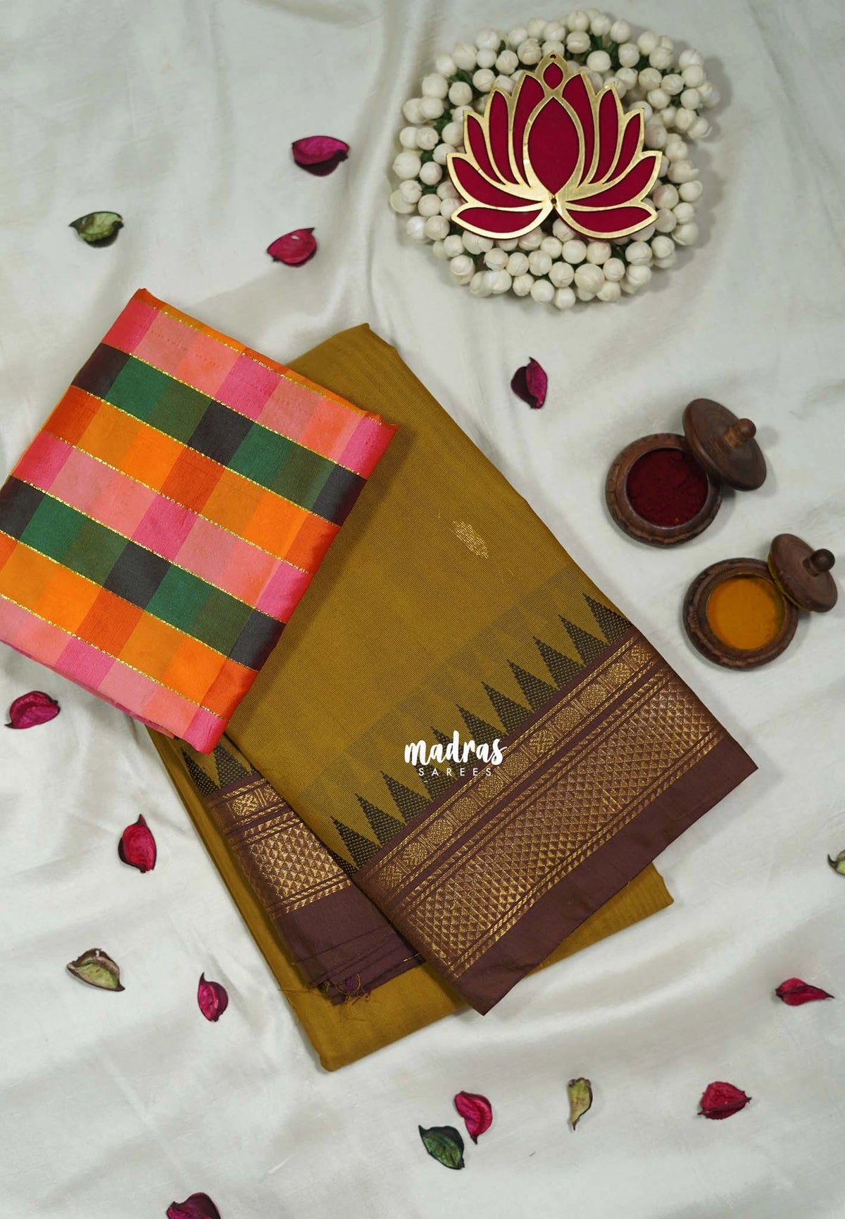 Mustard Brown - Andal - Mercerised Cotton with Silk Finish Kanchi Border and Buttas with Madras Kattam Silk Blouse - Perfect for Regular Wear | Casual Wear