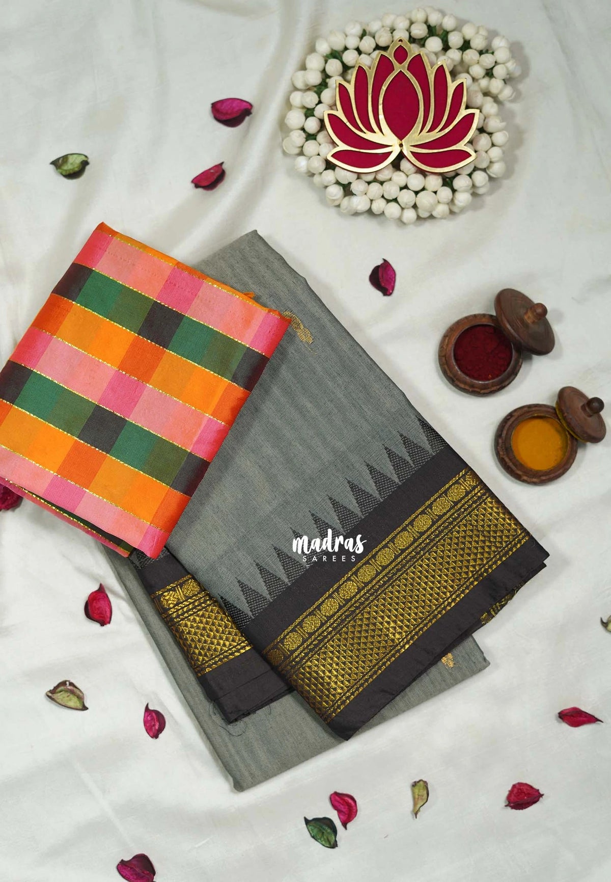 Ash Grey - Andal - Mercerised Cotton with Silk Finish Kanchi Border and Buttas with Madras Kattam Silk Blouse - Perfect for Regular Wear | Casual Wear