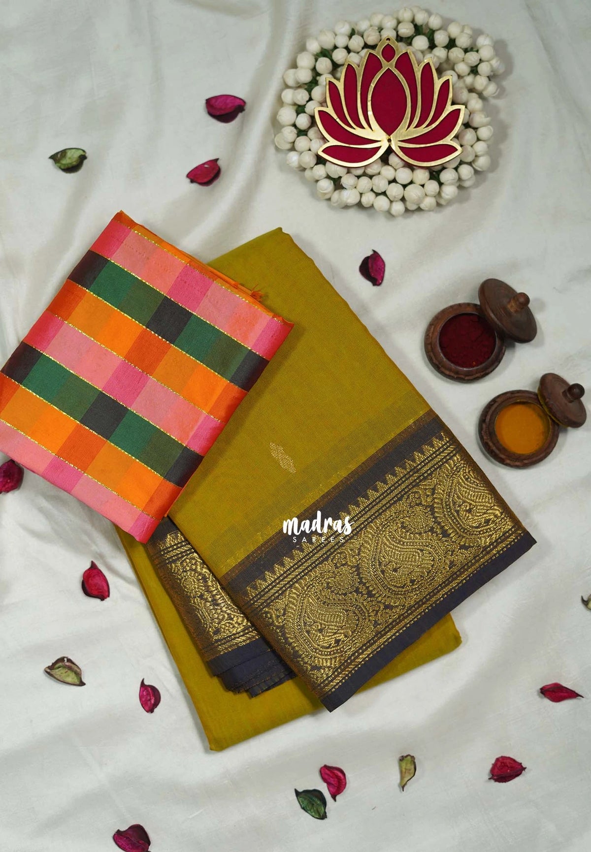 Dual Shade Muted Mustard Green - Andal - Mercerised Cotton with Silk Finish Kanchi Border and Buttas with Madras Kattam Silk Blouse - Perfect for Regular Wear | Casual Wear