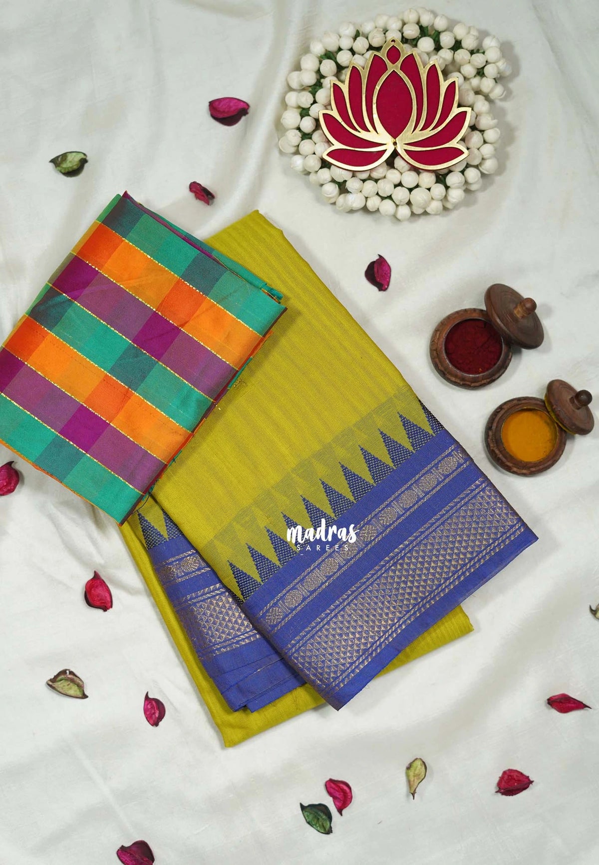 Greenish Yellow - Andal - Mercerised Cotton with Silk Finish Kanchi Border and Buttas with Madras Kattam Silk Blouse - Perfect for Regular Wear | Casual Wear